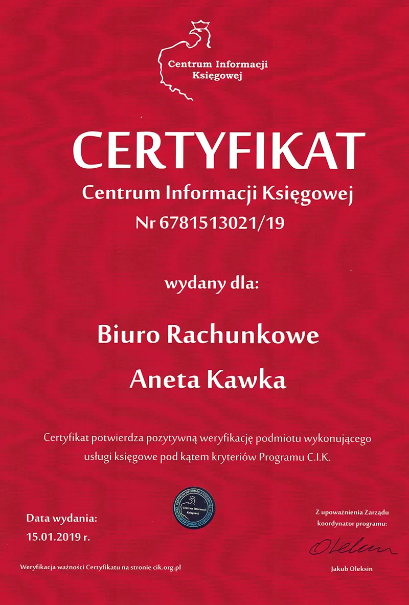 Certyfikat księgowy Aneta Kawka